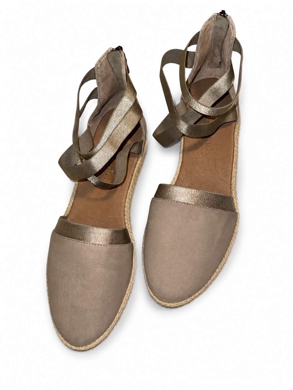 gentle souls Taupe Espadrille Flats with Metallic Gold Ankle Wraps